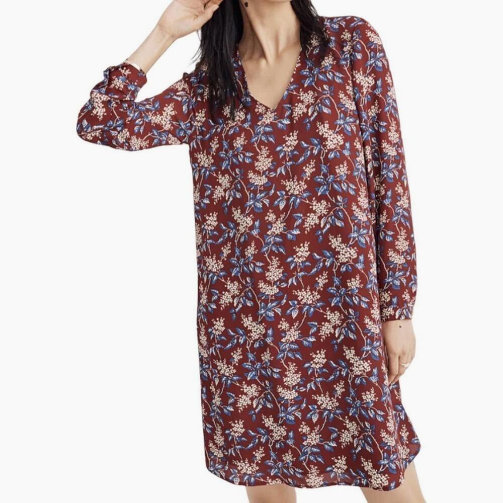 Madewell Floral V-Neck Long Sleeve Shift Dress